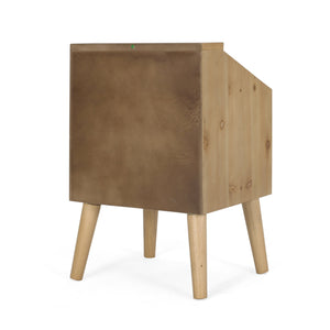 English Elm Christopher Knight Home® - END TABLE Natural & White Engineered Wood with Rattan Accents, Built-In Hutch & Tempered Glass Storage Side Table (24.25"H) 71101.00