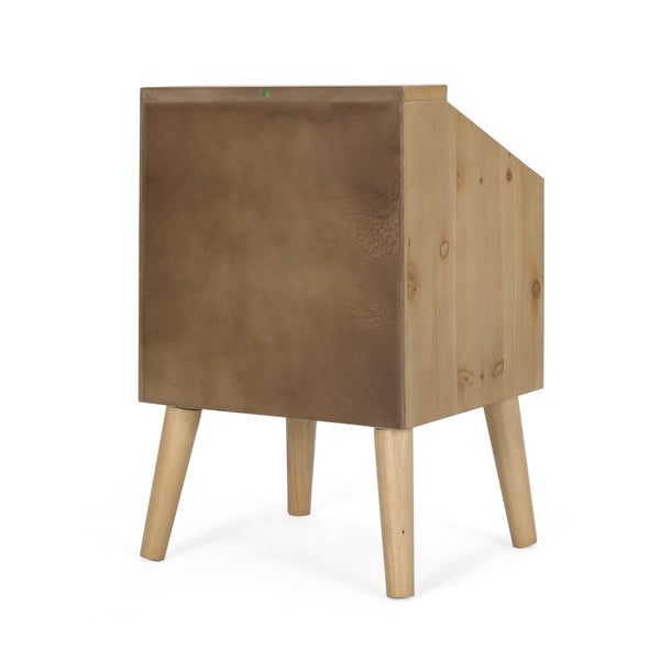 English Elm Christopher Knight Home® - END TABLE Natural & White Engineered Wood with Rattan Accents, Built-In Hutch & Tempered Glass Storage Side Table (24.25"H) 71101.00