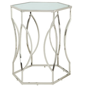 Homelegance By Top-Line Maxfield Hexagonal Metal Frosted Glass End Table Nickel Tempered glass