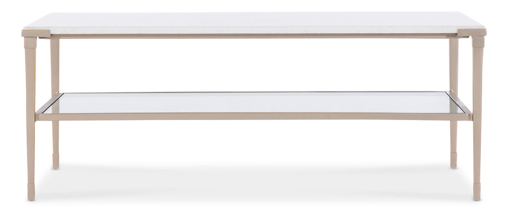 Hooker Furniture Melange Jen White Stone Top Cocktail Table with Glass Shelf and Champagne Metal Legs 628-80591-00
