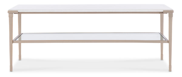 Hooker Furniture Melange Jen White Stone Top Cocktail Table with Glass Shelf and Champagne Metal Legs 628-80591-00