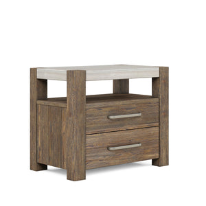 A.R.T. Furniture Stockyard Transitional Bedside Chest With Travertine Top, Usb Chargers, And Ample Storage Drawers Brown Ash And Poplar Solids,Knotty White Oak Veneers,Travertine 284148-2303