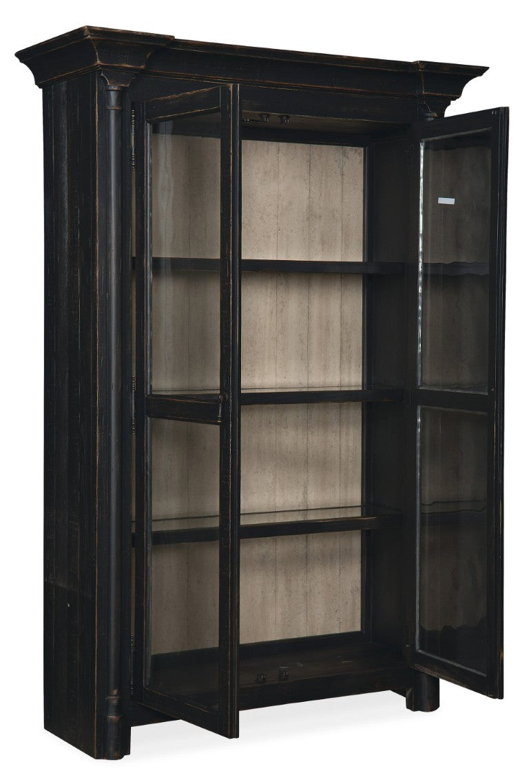 Hooker Furniture Ciao Bella Two-Door Display Cabinet In Distressed Black With Beveled Glass, Adjustable Shelves, Brass Pulls 5805-75906-99