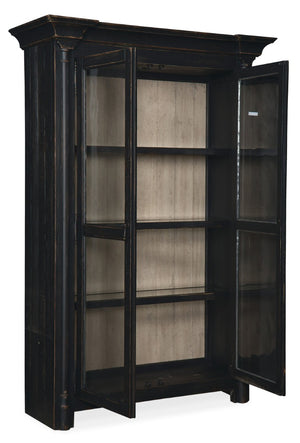 Hooker Furniture Ciao Bella Two-Door Display Cabinet In Distressed Black With Beveled Glass, Adjustable Shelves, Brass Pulls 5805-75906-99