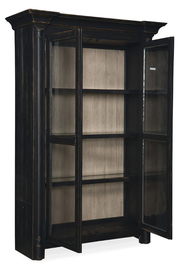 Hooker Furniture Ciao Bella Two-Door Display Cabinet In Distressed Black With Beveled Glass, Adjustable Shelves, Brass Pulls 5805-75906-99