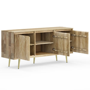 English Elm Jager Mid-Century Sideboard Buffet in Natural Mango Wood with Gold Brass Inlay & Soft-Close Doors B136P158752