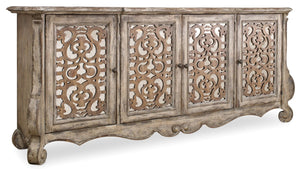 Hooker Furniture Chatelet Credenza With Caramel Froth Pecky Pecan, Mirrored Fretwork Doors & Burnished Bronze Hardware 5351-85001