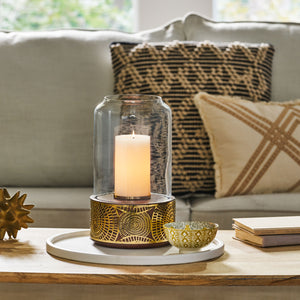English Elm Christopher Knight Home® - CIRCLE Mango Wood Hurricane Candle Holder with Ornate Gold Accents, Handcrafted Boho Tempered Glass 72064.00