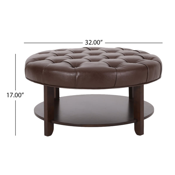 English Elm Round Tufted Pu Leather Ottoman with Open Shelf Storage for Living Room Dark Brown 71589.00DBRN