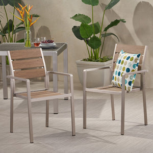 Christopher Knight Home® - Noble House - Cape Coral Outdoor Modern Aluminum Dining Chair with Faux Wood Seat - Set of 2