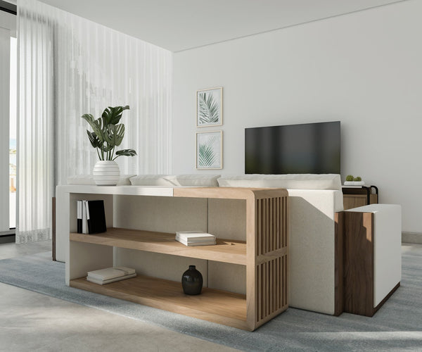 A.R.T. Furniture Portico Sofa Console Table – Modern Sienna & White Plaster With Open Shelves For Stylish Storage Brown, White Parawood Solids,Mindi Veneers,Resin 323307-3351