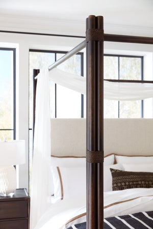 Hooker Furniture Retreat Rattan King Poster Bed With Canopy, Upholstered Neo Cream Headboard, Tropical Rope Accents 6950-90466-99