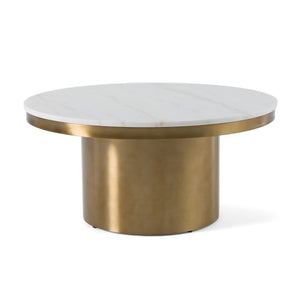 VIG Furniture Rocky Round White Stone Coffee Table With Polished Gold Base, Modern Glam Centerpiece For Living Rooms VGGMM-CT-1360A