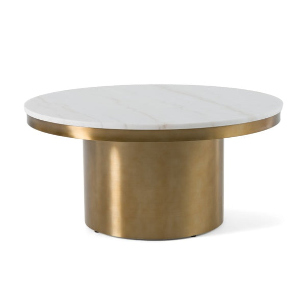 VIG Furniture Rocky Round White Stone Coffee Table With Polished Gold Base, Modern Glam Centerpiece For Living Rooms VGGMM-CT-1360A