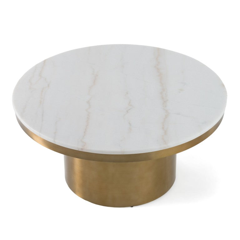 VIG Furniture Rocky Round White Stone Coffee Table With Polished Gold Base, Modern Glam Centerpiece For Living Rooms VGGMM-CT-1360A