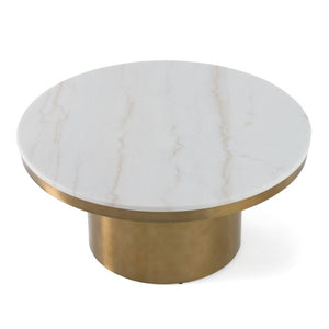 VIG Furniture Rocky Round White Stone Coffee Table With Polished Gold Base, Modern Glam Centerpiece For Living Rooms VGGMM-CT-1360A