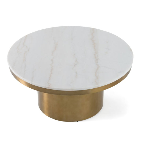 VIG Furniture Rocky Round White Stone Coffee Table With Polished Gold Base, Modern Glam Centerpiece For Living Rooms VGGMM-CT-1360A