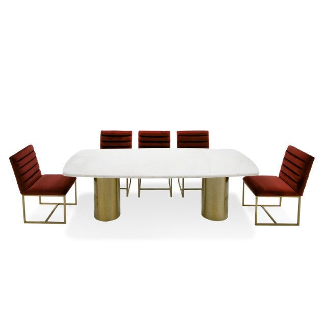 VIG Furniture Rocky White Marble Dining Table With Brushed Gold Double Pedestal, Seats 8, Luxe Contemporary Centerpiece VGGMM-DT-1360C