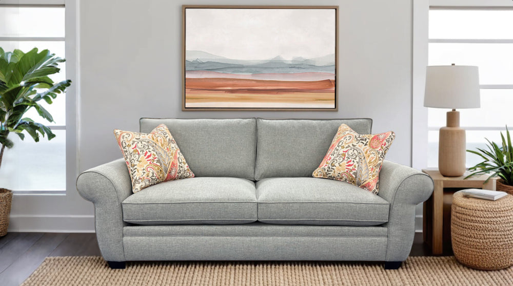 Porter Designs Porter Oasis Overstuffed Transitional Sofa - Luxurious Gray Linen, Feather Pillows & Floral Accents Gray Fabric 01-207-01-6329