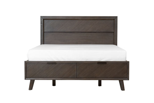 VIG Furniture Roger Acacia Queen Bed With Mid-Century Panel Headboard, Dark Brown Finish & Footboard Drawers VGWDROGER-BRN-BED-Q
