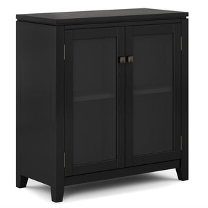 English Elm Cosmopolitan Black Low Storage Cabinet with Tempered Glass Doors, Adjustable Shelves & Bronze Knobs B136P158550