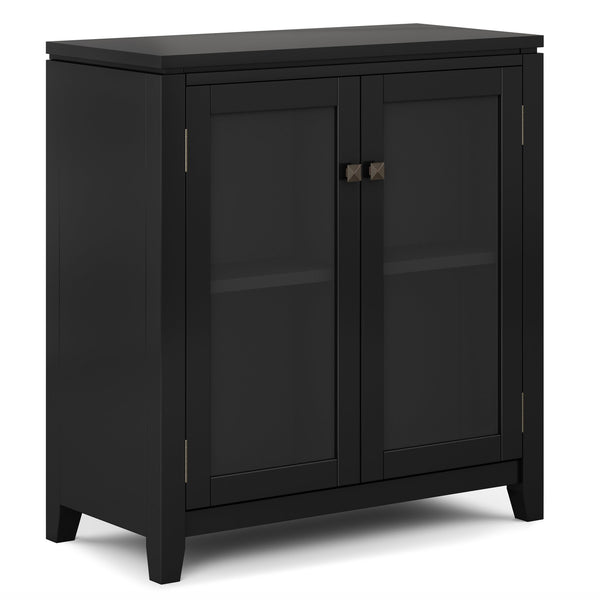 English Elm Cosmopolitan Black Low Storage Cabinet with Tempered Glass Doors, Adjustable Shelves & Bronze Knobs B136P158550