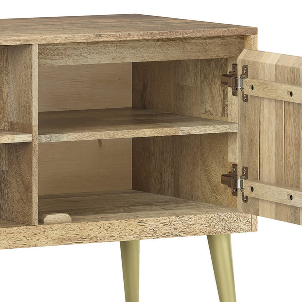 English Elm Jager Mango Wood TV Media Stand 60" Natural with Geometric Brass Inlay, Soft-Close Cabinets & Mid-Century Flair B136P158754