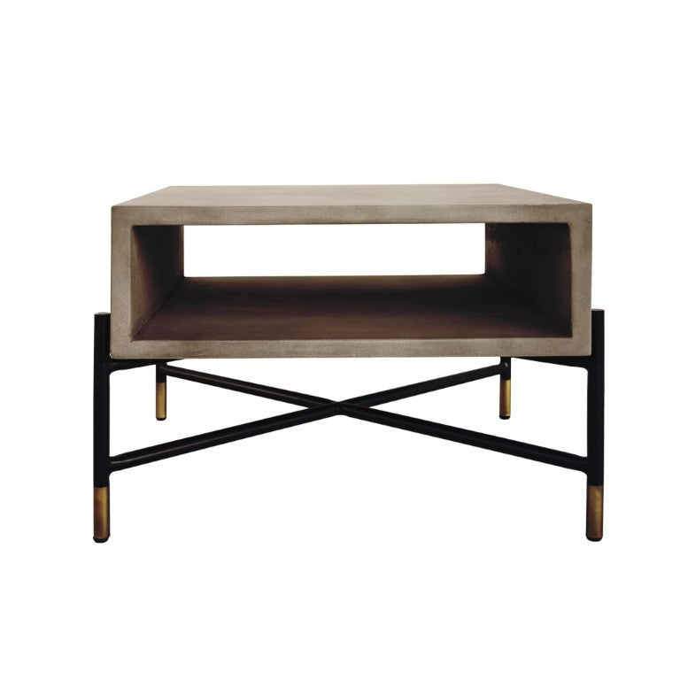 VIG Furniture Walker Modern Concrete & Metal End Table With Open Shelf, Brass Tips, Grey Textured Top, 20"W VGLBROKY-LT50
