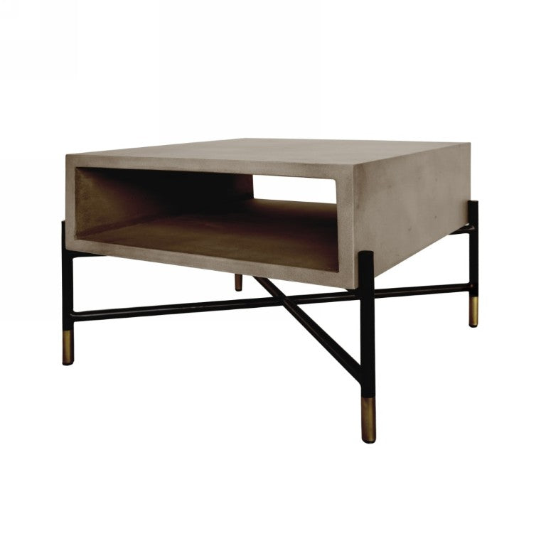 VIG Furniture Walker Modern Concrete & Metal End Table With Open Shelf, Brass Tips, Grey Textured Top, 20"W VGLBROKY-LT50