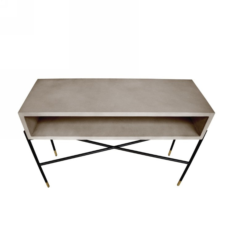 VIG Furniture Walker Concrete & Metal Console Table With Grey Top, Brass-Tip Legs, X-Base Shelf For Narrow Entryways VGLBROKYCS-113