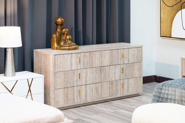 VIG Furniture Roma Faux Travertine Dresser With Gold Handles — 6 Soft-Close Drawers, Spacious, Ready-To-Use (W68") VGAN-ROMA-DRS