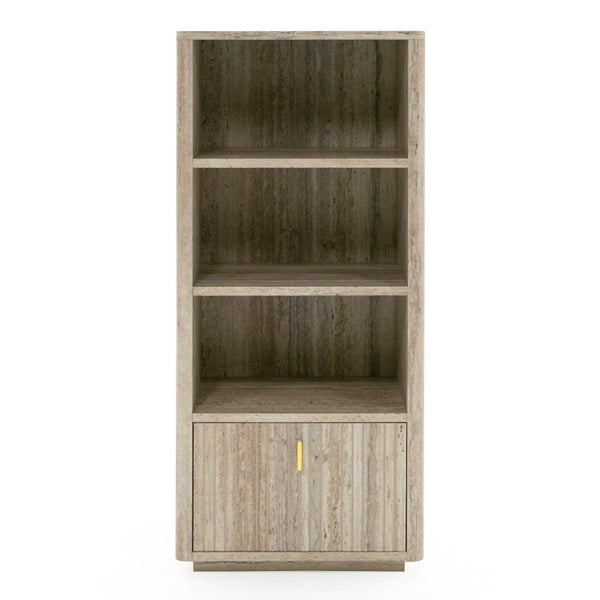 VIG Furniture Roma Faux Travertine Bookcase With Gold Hardware, 3 Open Shelves & Soft-Closing Drawer, 63" Tall VGAN-ROMA-BOOK