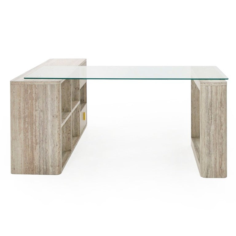 VIG Furniture Roma Reversible L-Shape Desk With Faux Travertine Hpl, 10Mm Tempered Glass Top, Gold Accents, Storage VGAN-ROMA-DESK