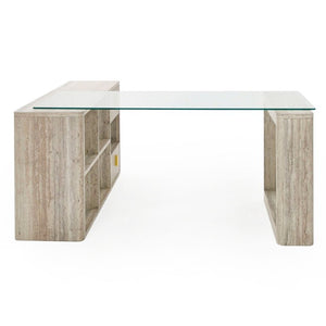 VIG Furniture Roma Reversible L-Shape Desk With Faux Travertine Hpl, 10Mm Tempered Glass Top, Gold Accents, Storage VGAN-ROMA-DESK