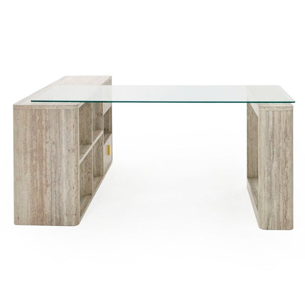 VIG Furniture Roma Reversible L-Shape Desk With Faux Travertine Hpl, 10Mm Tempered Glass Top, Gold Accents, Storage VGAN-ROMA-DESK