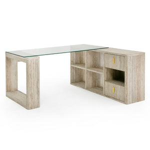 VIG Furniture Roma Reversible L-Shape Desk With Faux Travertine Hpl, 10Mm Tempered Glass Top, Gold Accents, Storage VGAN-ROMA-DESK