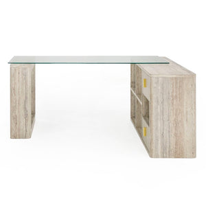 VIG Furniture Roma Reversible L-Shape Desk With Faux Travertine Hpl, 10Mm Tempered Glass Top, Gold Accents, Storage VGAN-ROMA-DESK