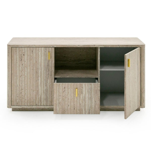 VIG Furniture Roma Faux Travertine File Cabinet With Gold Hardware, Soft-Close Drawers, Tip-Over Restraint, 60" Wide VGAN-ROMA-FILE