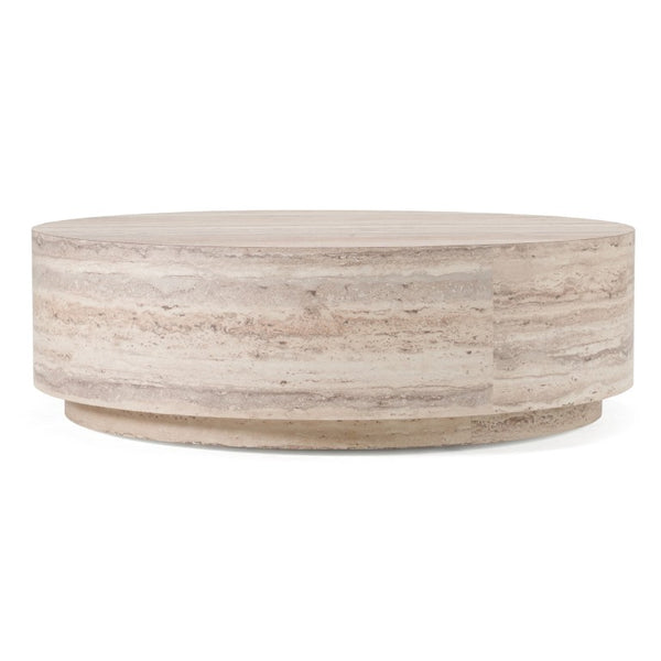 VIG Furniture Roma Round Faux Travertine Coffee Table 39" Low-Profile Modern Stone-Look Surface Durable Hpl Laminate VGAN-ROMA-RND-CT