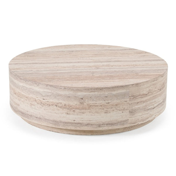 VIG Furniture Roma Round Faux Travertine Coffee Table 39" Low-Profile Modern Stone-Look Surface Durable Hpl Laminate VGAN-ROMA-RND-CT