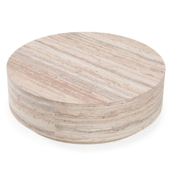 VIG Furniture Roma Round Faux Travertine Coffee Table 39" Low-Profile Modern Stone-Look Surface Durable Hpl Laminate VGAN-ROMA-RND-CT