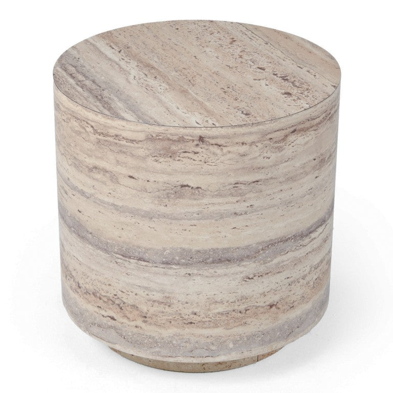 VIG Furniture Roma Sculptural Faux Travertine Round End Table 18" X18" X18" — Seamless Hpl Finish, No Assembly, Durable Elegance VGAN-ROMA-RND-ET