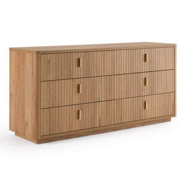 VIG Furniture Roma Modern Oak + Gold Dresser — 6-Drawer Horizontal Storage, Scratch-Resistant Hpl, Soft-Close Drawers VGAN-ROMA-DRS-OAK