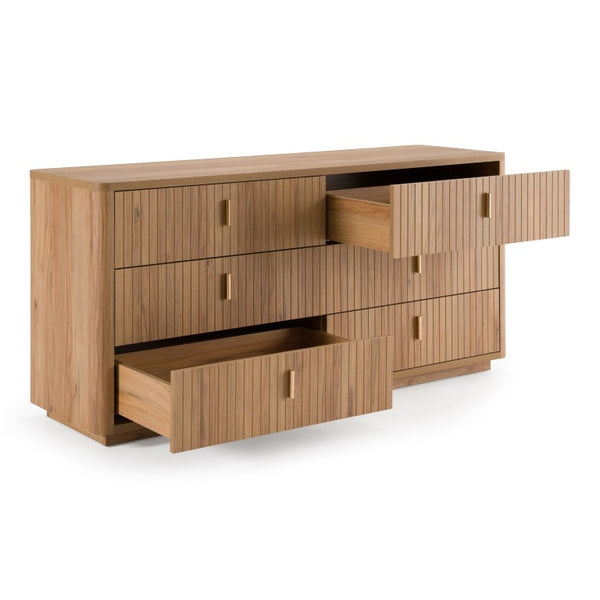 VIG Furniture Roma Modern Oak + Gold Dresser — 6-Drawer Horizontal Storage, Scratch-Resistant Hpl, Soft-Close Drawers VGAN-ROMA-DRS-OAK