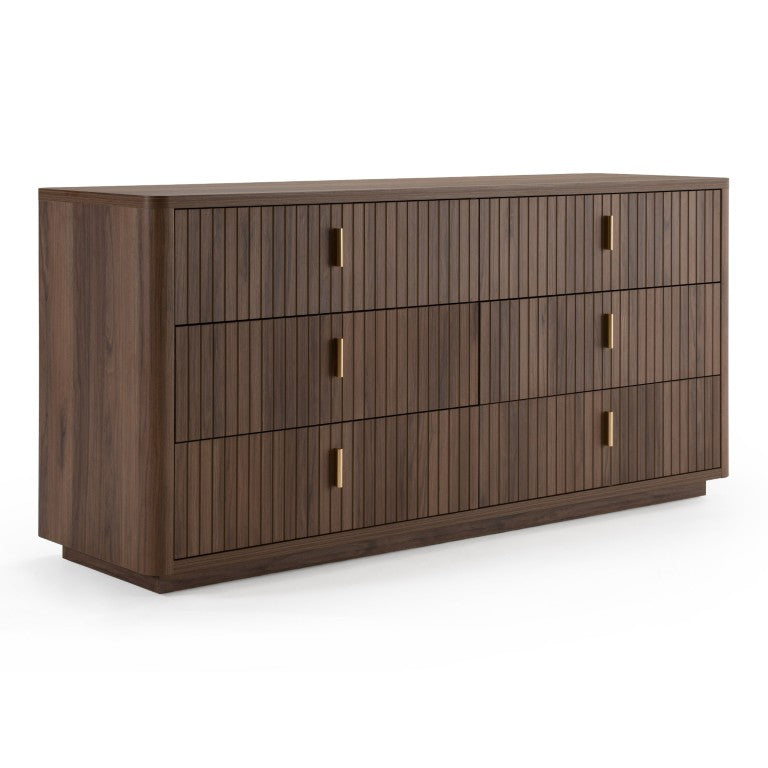 VIG Furniture Roma Modern Walnut Dresser With Gold Handles — 6 Soft-Closing Drawers, Scratch-Resistant Finish, 68" Wide VGAN-ROMA-DRS-WAL