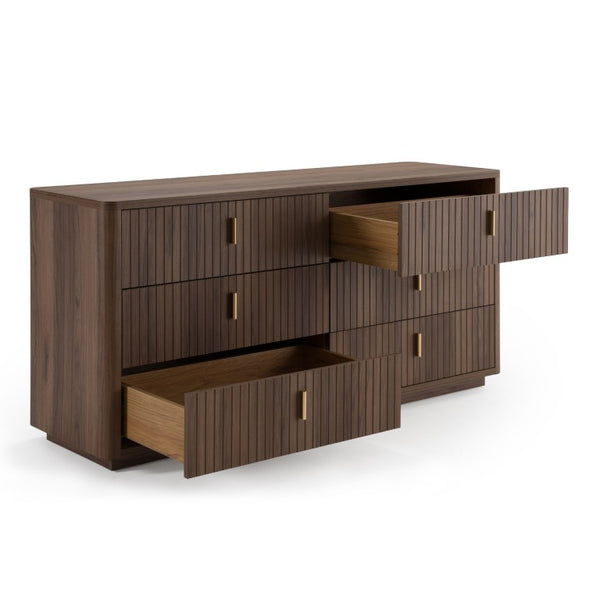 VIG Furniture Roma Modern Walnut Dresser With Gold Handles — 6 Soft-Closing Drawers, Scratch-Resistant Finish, 68" Wide VGAN-ROMA-DRS-WAL