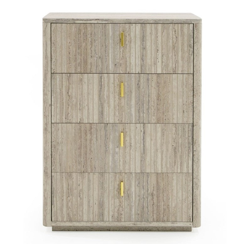 VIG Furniture Roma Faux Travertine Chest With Gold Handles, 4-Drawer Vertical Storage, Soft-Close, 36"W X51"H VGAN-ROMA-CHEST