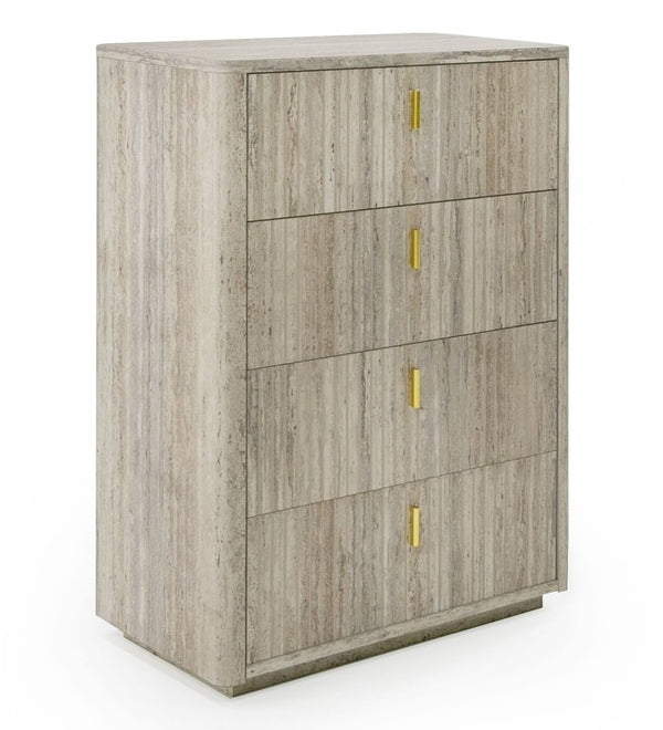 VIG Furniture Roma Faux Travertine Chest With Gold Handles, 4-Drawer Vertical Storage, Soft-Close, 36"W X51"H VGAN-ROMA-CHEST