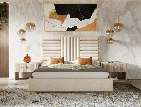 VIG Furniture Eastern King Daystar Roma Bedroom Set — Beige Velvet Tufted Bed, Travertine Laminate, Gold Accents, Soft-Close Storage VGAN-DAYSTAR-ROMA-BED-SET-EK