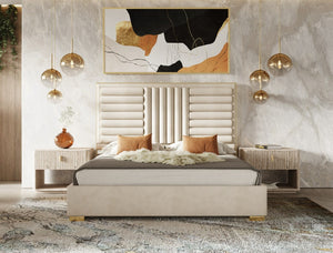 VIG Furniture California King Daystar Roma Bedroom Set — Beige Velvet Channel Tufted Bed, Travertine Casegoods, Champagne Gold Accents, Soft‑Close Drawers, Mirror Included VGAN-DAYSTAR-ROMA-BED-SET-CK